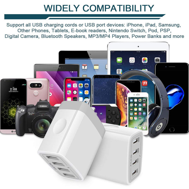 [Australia - AusPower] - USB Charger Adapter, 2-Pack AILKIN 4.8A 4-Muti Port Phone Wall Plug Fast Charging Block Box for iPhone 13 12 Pro Max 11 SE 10 XR XS X 8 7, Samsung Galaxy, Motorola, LG, Pixel, Power Cube Base Brick White 