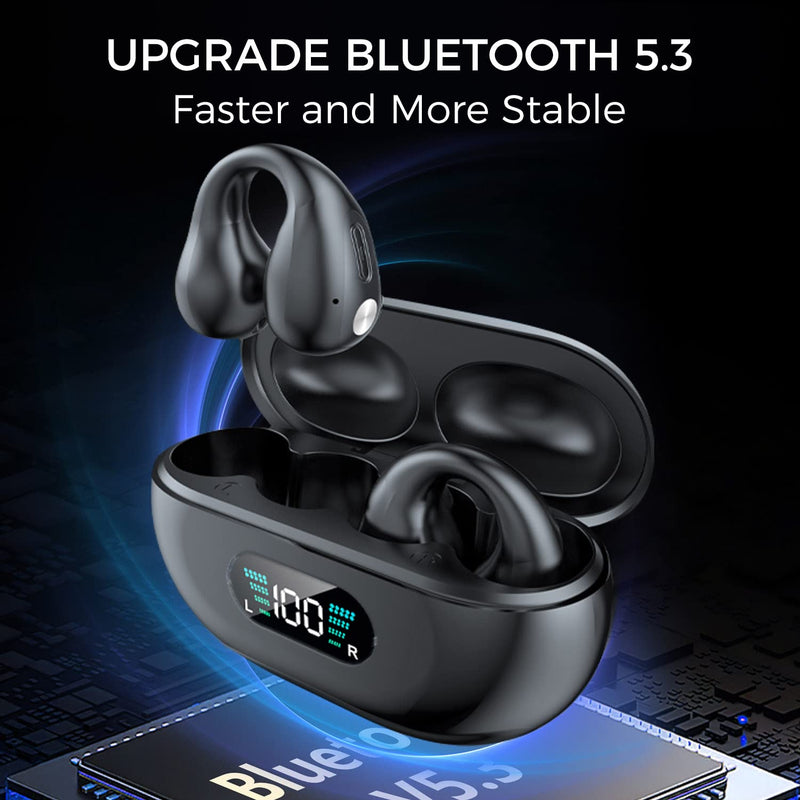 [Australia - AusPower] - Alpha Digital Wireless Ear Clip Bone Conduction Earbuds, Bluetooth 5.3, Up to 18 Hours Playtime, 350mAh Battery, Lightweight, Wireless Bluetooth Earbuds for Cycling, Sport, Running, Driving Black 