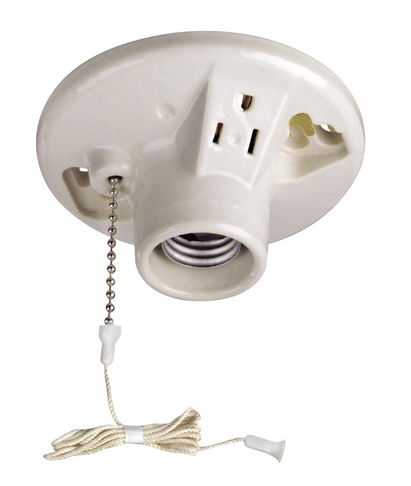 [Australia - AusPower] - Leviton 9726-C One-Piece Glazed Porcelain Outlet Box Mount, Incandescent Lampholder, Pull Chain, Top Wired, White 1 Pack 