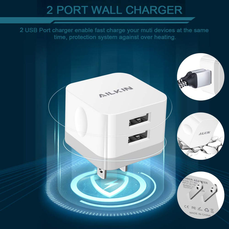[Australia - AusPower] - 2Pack USB Wall Charger Plug, AILKIN 2.4A Dual Port USB Adapter Power Cube Fast Charging Station Box Base Replacement for iPhone 13 12 Pro Max SE 11 XR XS X/8/7, Samsung, Phones USB Charge Block-White White 