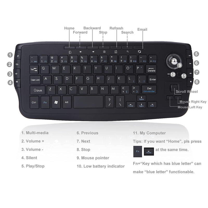 [Australia - AusPower] - Fonicer Multimedia 2.4Ghz Wireless Mini Keyboard with Trackball Mouse Scroll Wheel for PCMacAndroid Tv Box, Remote Controller,X Structure, Black 