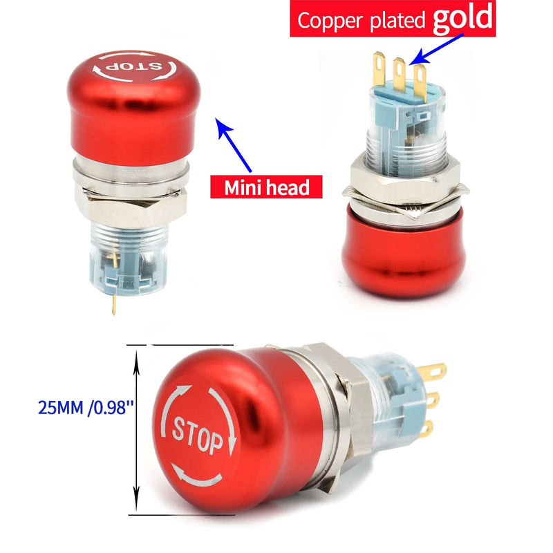 [Australia - AusPower] - 16mm Latching Emergency Stop Push Button Switch Mushroom Stianless Steel Red with Stop Sign 1NO 1NC 0.63" Mounting Hole (16MM Small Head) 16MM Small Head 