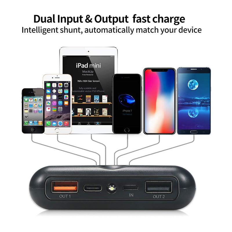 [Australia - AusPower] - 20000mAh Quick Charge 3.0 Power Bank, with Quick Charge Recharging,USB Port External Battery Pack LED Flashlight for Samsung, iPhone, iPad and More(Black) Black 