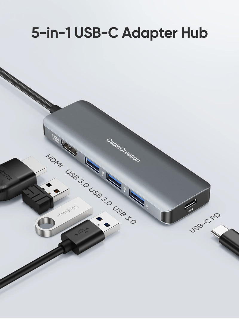 [Australia - AusPower] - USB C Hub 4K 60Hz, CableCreation 5-in-1 Dock USB-C Multiport Adapter with HDMI, 3 USB 3.0 Ports, 100W Power Delivery for MacBook Pro/ Air 2020/ 2018, Mac Mini, iPad Pro, XPS 