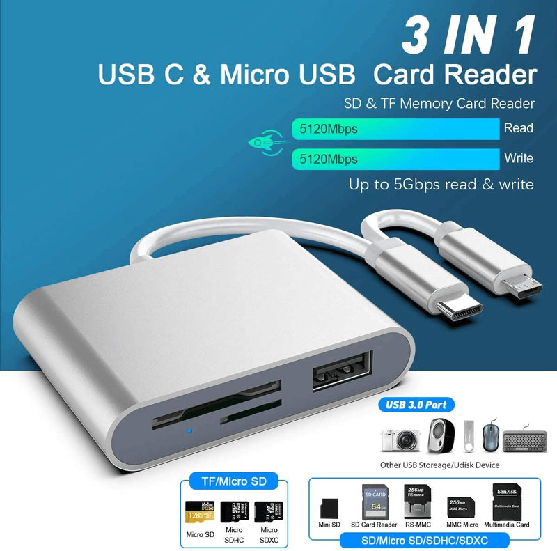 [Australia - AusPower] - Type C + Micro USB to SD & TF Memory Card Reader Adapter, Dual Connector Card Reader for Android Smart Phones, Camera, Laptop and Tablet,Compatible with Windows/Mac OS/Linux, Silver 