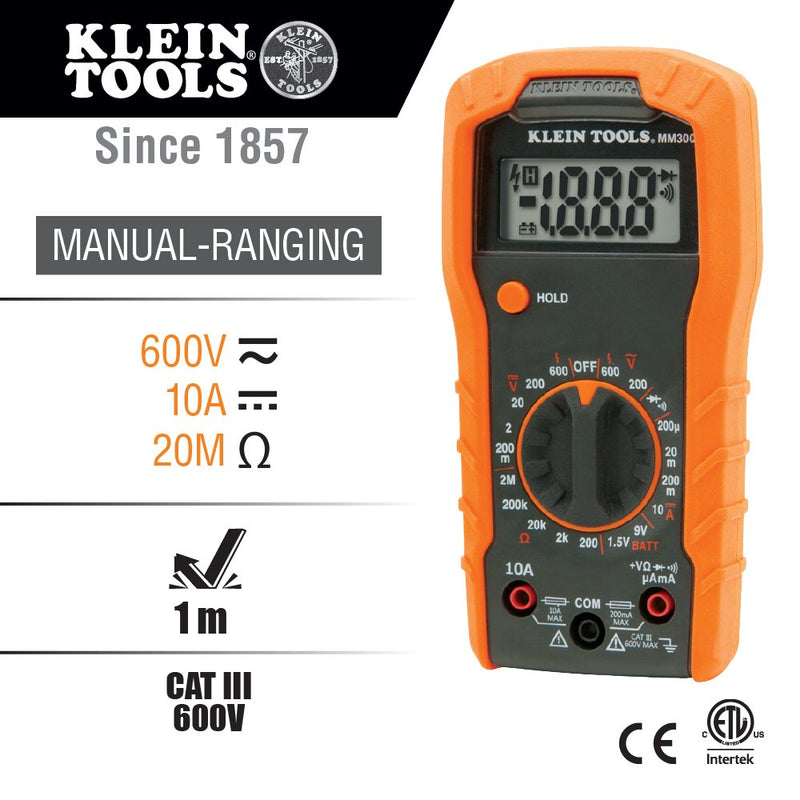 [Australia - AusPower] - Klein Tools MM300 Multimeter, Digital Voltmeter, AC/DC Voltage meter, Current, Resistance, Battery Tests, Diodes, and Continuity, 600V 