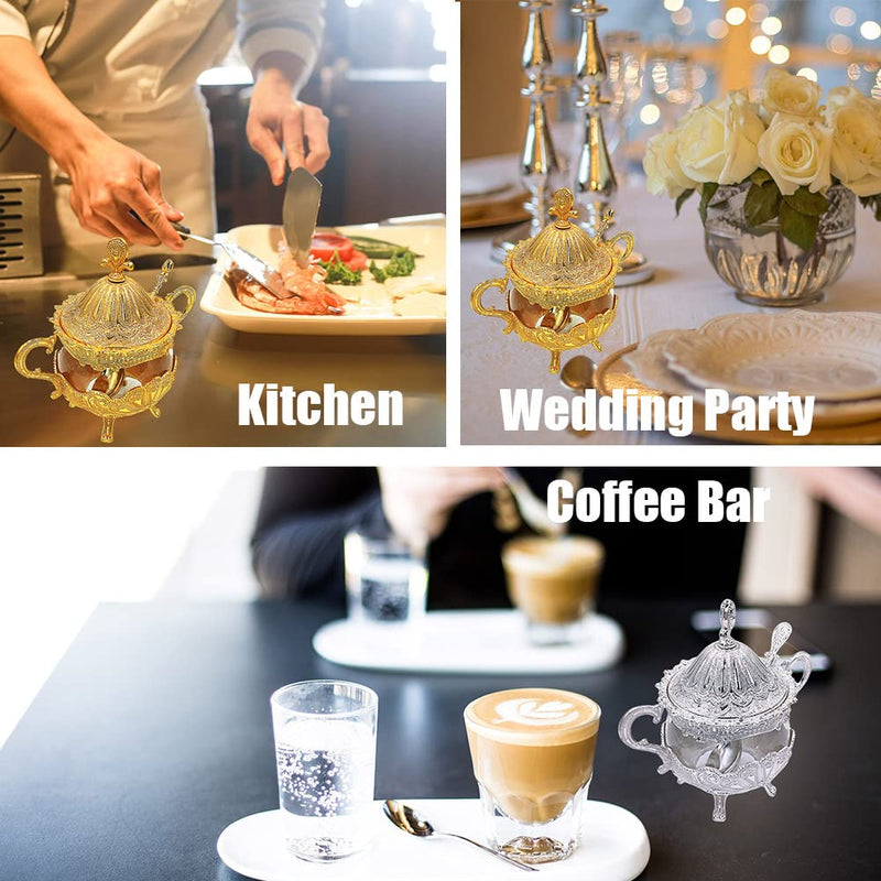 [Australia - AusPower] - Hourwof Sugar Bowl with Lid and Spoon for Kitchen Coffee Bar and Wedding Party,Metal and Glass Sugar Container for Sugar Cube and Powder Sugar,Spice Condiment Container,Salt Server,Gold Gold 