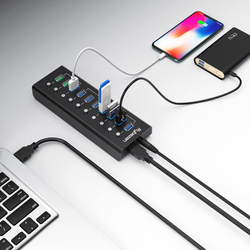 [Australia - AusPower] - Rybozen 10 Port Powered USB Hub, 60W Data Hub with 7 USB 3.0 Data Port and 3 Fast Charging Port, USB Charging Hub for Mobile HDD, MacBook, iMac, Mac Pro/Mini, iPad Air, PC, Laptop, and More 