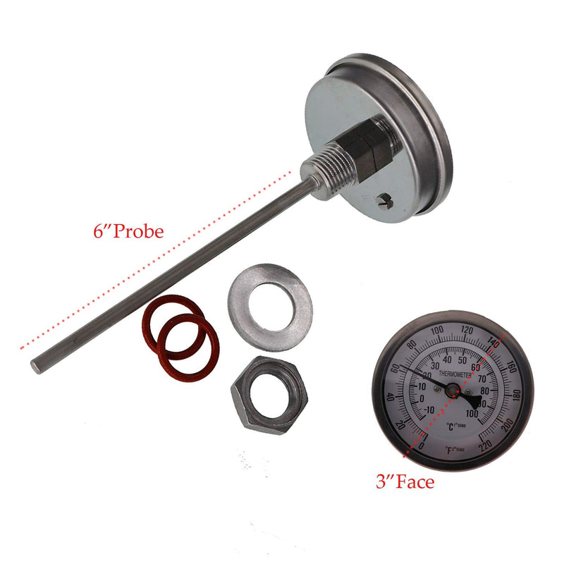 [Australia - AusPower] - Homebrew Thermometer,Stainless Steel Thermometer with Lock Nut for Brewing Weldless Bi-Metal Thermometer Kit, 3"Face & 6"Probe, 1/2"MNPT 