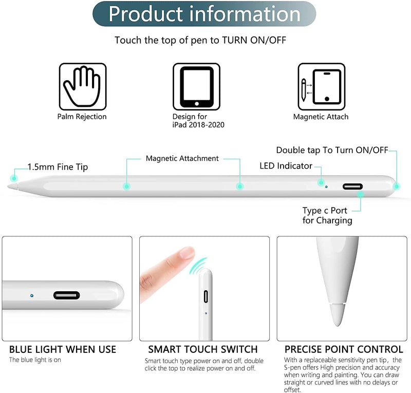 [Australia - AusPower] - XIQI Stylus Pencil with Palm Rejection for Apple iPad Touch Screens Side Magnetic Active Capacitive Pencil Compatible with iPad 6/7/8th,Mini 5,iPad air 3/4, iPad pro 11/12.9 inch, White 