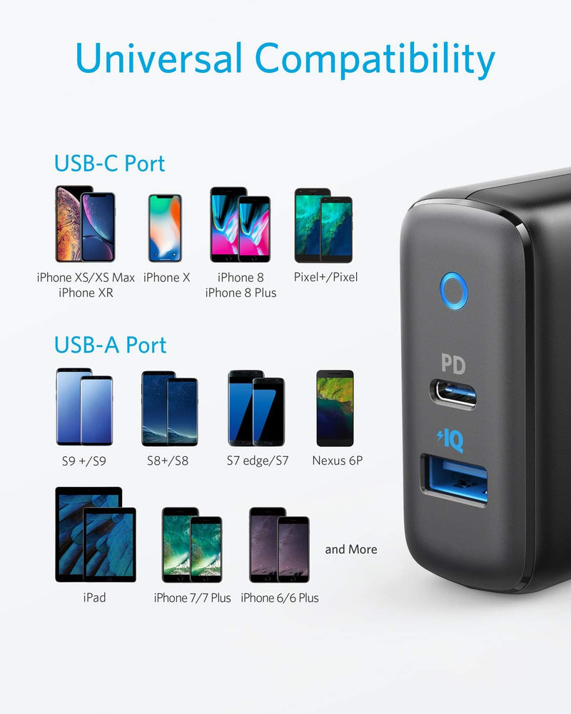 [Australia - AusPower] - USB C Charger, Anker 30W 2 Port Fast Charger with 18W USB C Power Adapter, Foldable PowerPort PD 2 Charger for iPad Pro, iPhone 11/11 Pro / 11 Pro Max/XS/Max/XR/X, Pixel, Galaxy, and More BLACK 