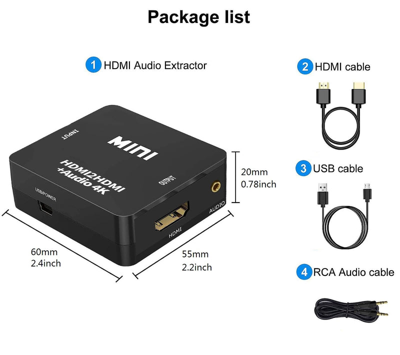 [Australia - AusPower] - HDMI Audio Extractor, 4K HDMI to HDMI Splitter 3.5mm AUX Audio 1080P, Compatable for TV, PC, PS3/4/5, Blu-ray/DVD/HD Player, Projector, Sound System, Xbox, Switch 