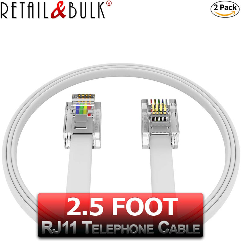 [Australia - AusPower] - (2 Pack) 2.5 Feet Telephone Cord, Professional Grade Made in USA, 6P4C Male RJ11 Plugs with 50 Micron Gold Contacts, Pure Copper Wire Phone Line Cable (30 Inches, White) 2.5 Foot 