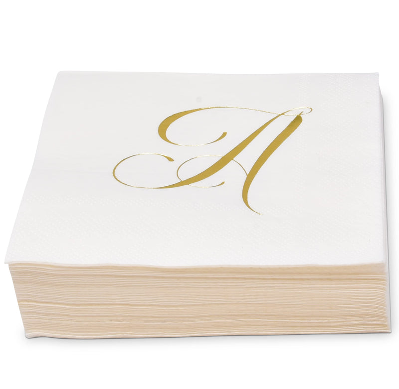 [Australia - AusPower] - 100 Gold Monogram Cocktail Napkins Letter A Disposable Paper Pack Elegant Metallic Golden Foil Hand Napkin for Powder Room Wedding Holiday Birthday Party Baby Shower Decorative Towels 