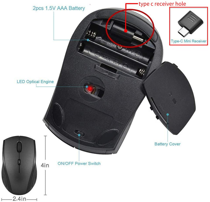 [Australia - AusPower] - Type C Wireless Mouse, USB C Gaming Wireless Mice 2.4G Silent Ergonomic with 3 DPI Levels Compatible with Samsung Chromebook, Google Pixelbook, Dell, HP OMEN, More Device (Black) Black 