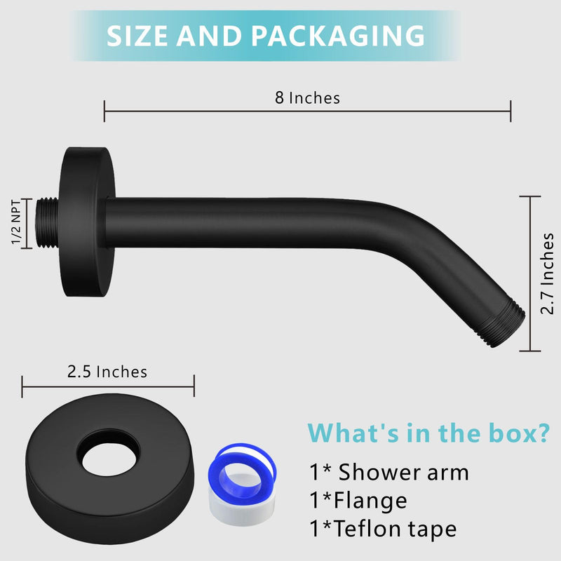 [Australia - AusPower] - Nuodan Shower Arm with Flange, 8 Inches Wall Mount Replacement Shower Head Arm For Fixed Shower Head and Handheld Showerhead, Matte Black 8 Inch 
