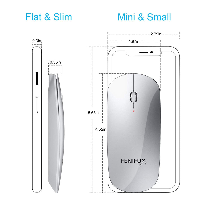 [Australia - AusPower] - Bluetooth Mouse, FENIFOX Slim Mini Portable Flat Travel Wireless Mouse Rechargeable Quiet Ultra-Thin Mice Compatible with Laptop,Tablet,Notebook,PC (Silver and White) Silver 