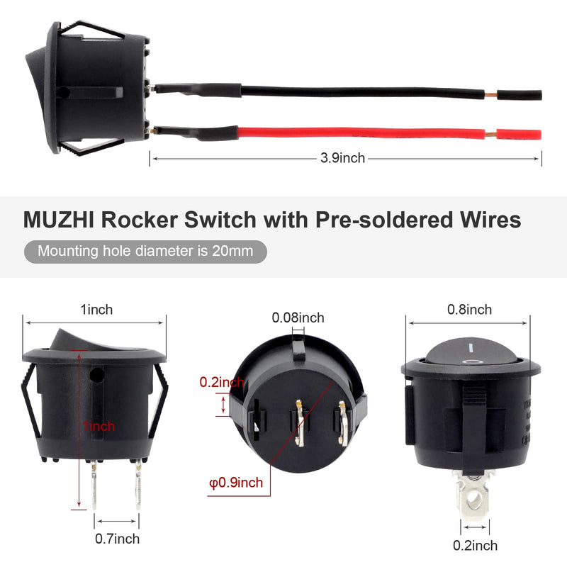 [Australia - AusPower] - 6Pcs Rocker Switch ON Off KCD1 AC 6A/250V 10A/125V 12VDC Mini Round Toggle Switch SPST 2Pin Snap-in Design Car Boat Automotive with Wires Pre-Wired by MUZHI 