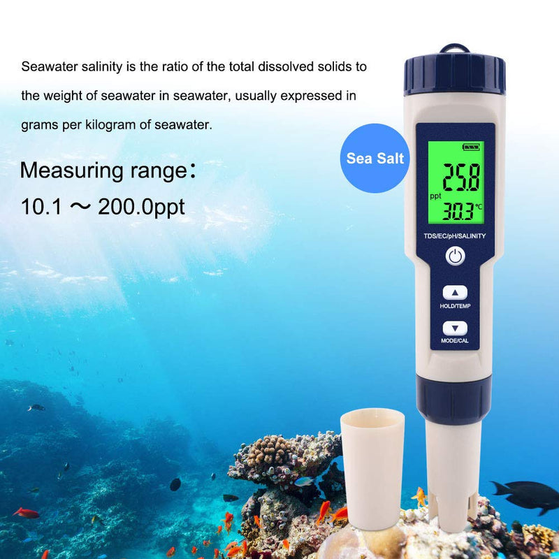 [Australia - AusPower] - PH Meter, EZ-9909 5 in 1 High Accuracy Portable Digital Water Quality Tester, for Measuring PH Salinity TDS EC Temperature, with Backlight Screen, IP67 Waterproof 