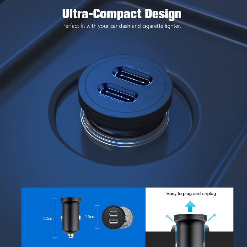 [Australia - AusPower] - USB C Car Charger 40W, iPhone Fast Car Charger Adapter Dual Ports Cigarette Lighter USB Charger, Compatible with iPhone 13/12/12 Pro/11/11 Pro/XS/XR/8, Galaxy, Pixel, Tablet Carbon 40W 