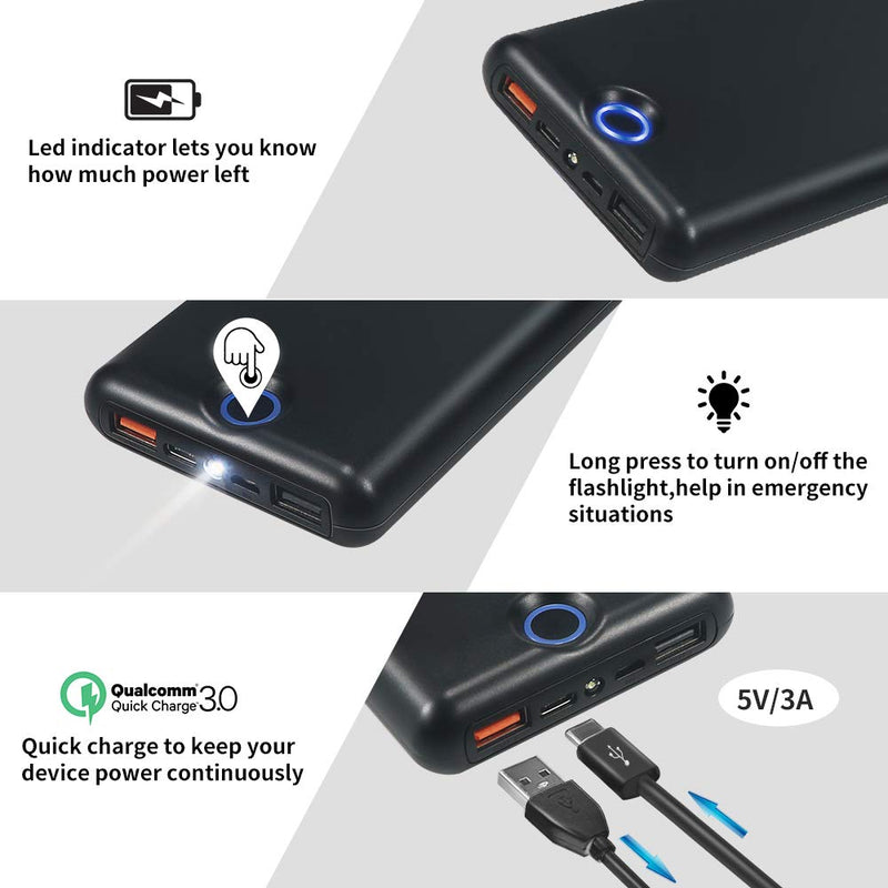 [Australia - AusPower] - 20000mAh Quick Charge 3.0 Power Bank, with Quick Charge Recharging,USB Port External Battery Pack LED Flashlight for Samsung, iPhone, iPad and More(Black) Black 