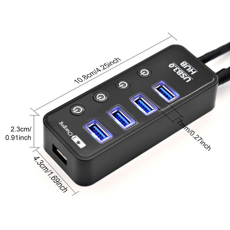 [Australia - AusPower] - USB Hub 3.0 Powered, LYFNLOVE USB Extender 4-Port Data USB Hub with Power Adapter and 1 Smart Charging Port, USB Splitter with On/Off Switches for MacBook, Mac Pro/Mini, iMac, Surface Pro Laptop/PC 