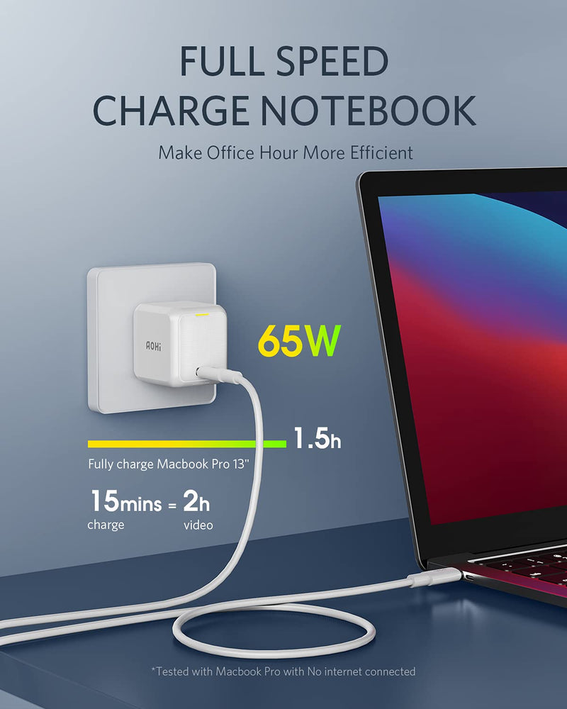 [Australia - AusPower] - USB C Charger, AOHI Magcube 65W PD Fast Charger GaN+ Wall Charger Power Adapter Charger for MacBook Pro/Air, Galaxy S20/S10, Note 20/10+, iPhone 13/13 Pro/12/Pro/Mini White (Cable Not Included) 