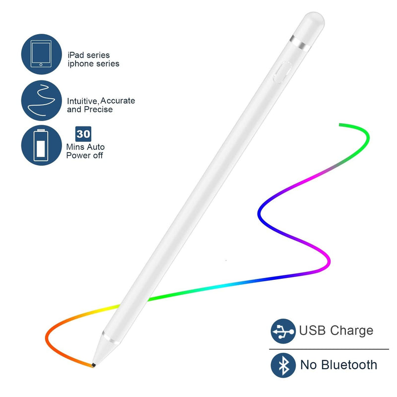 [Australia - AusPower] - Active Stylus Pen for Touch Screens, Rechargeable Pencil Digital Stylus Pen Compatible with iPad and Most Tablet (White) White 