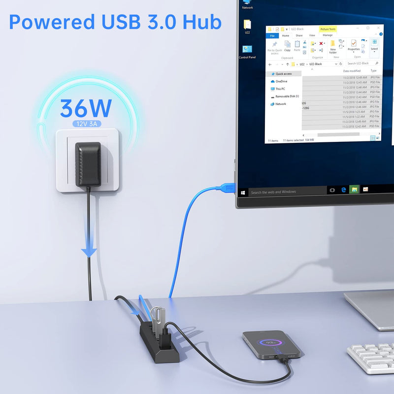 [Australia - AusPower] - Powered USB Hub, Aiibe 8-Port USB Hub 3.0 Powered USB Splitter with 2 Fast Charging Ports + 12V/3A Power Adapter + USB 3.0 Cable, USB Hub Powered 36W Adapter for Laptop, Mac, PC, Mobile HDD (Black) Black 