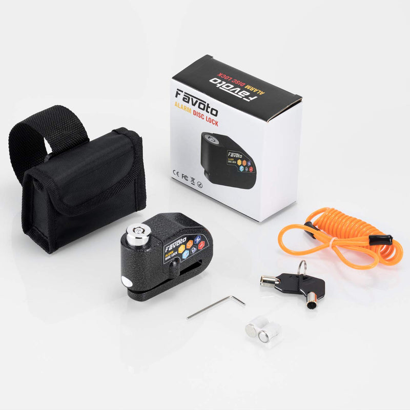 [Australia - AusPower] - Favoto Disc Lock Alarm, 110 dB Alarm Sound Disc Brake Padlock for Motorcycle e-Bike Bicycle Scooter, 0.27 inch/7mm Lock Pin with Reminder Cable and Carrying Bag, Black 