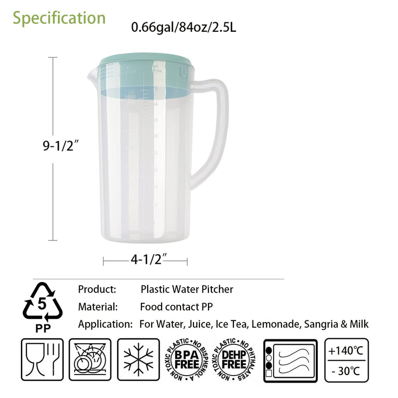 [Australia - AusPower] - 0.66 Gallon/2.5 Litre Plastic Pitcher with Lid BPA-FREE Eco-Friendly Carafes Mix Drinks Water Jug for Hot/Cold Lemonade Juice Beverage Jar Ice Tea Kettle (84oz, Blue) 84oz 