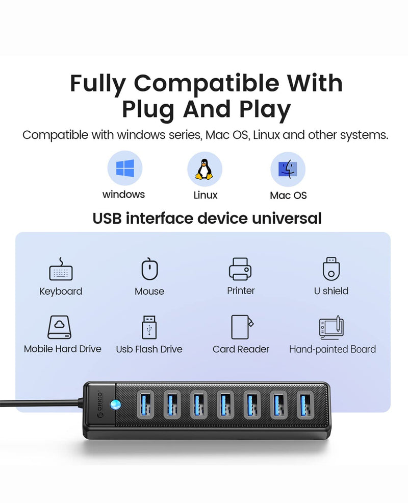 [Australia - AusPower] - 7-Port USB 3.0 Hub ORICO Ultra-Slim Data USB Splitter, for Laptop, PC, MacBook, Mac Pro, Mac Mini, iMac, XPS, Xbox, Flash Drive, Surface Pro and More USB Devices USB-15CM 