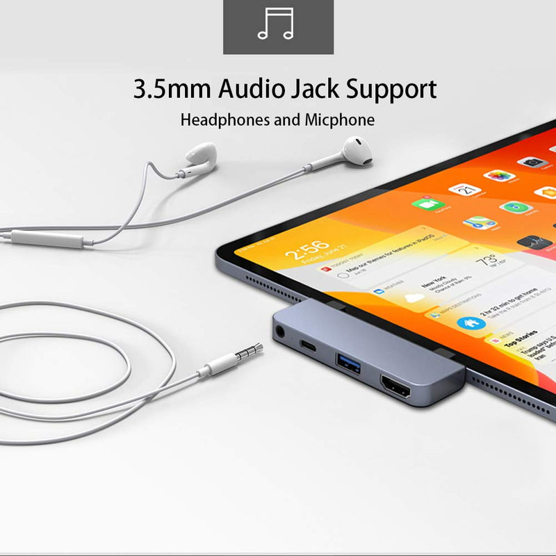 [Australia - AusPower] - HyperDrive USB C Hub Adapter for iPad Pro 2020 2019 2018 11”/ 12.9", USBC Smartphone/Tablet, 4-in-1 USB-C Hub Dongle with 4K HDMI, C-USB PD Charging, USB 3.0, 3.5mm Headphone Audio Jack -Gray 