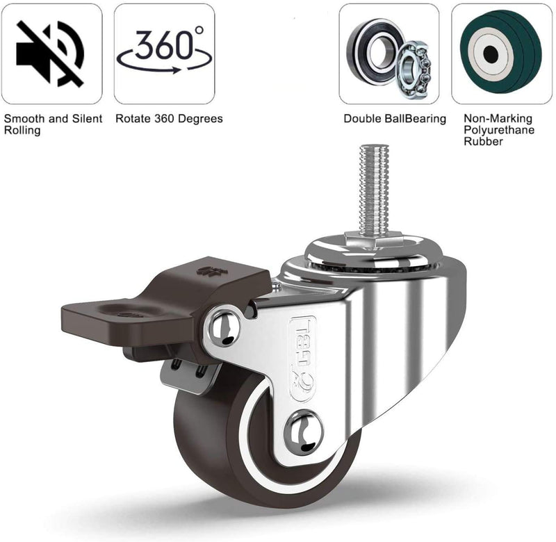 [Australia - AusPower] - GBL 1" inch Small Caster Wheels with 2 Brakes + M8x20mm Screws - 90Lbs - Low Profile Castor Wheels with Brakes - Set of 4 No Floor Marks Silent Casters - Mini Wheels for Cart 