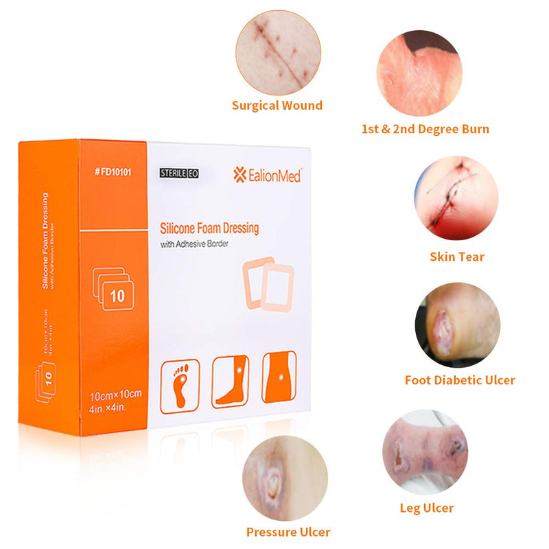 [Australia - AusPower] - EalionMed Silicone Foam Dressing with Gentle Adhesive Border 4''x4'', 10 Pack, Painless Removal High Absorbency Bed Sore Wound Bandage for Pressure Sore, Leg Ulcer, Diabetic Ulcer 10 Count (Pack of 1) 