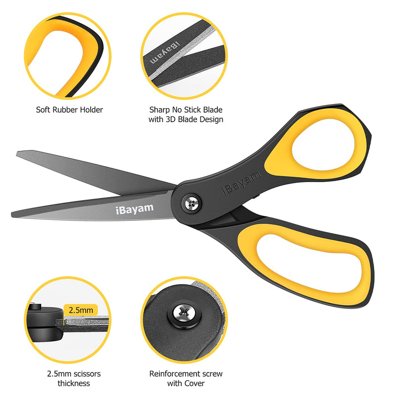 [Australia - AusPower] - Scissors, iBayam 3 Pack 8" All-Purpose Titanium Non-Stick Scissor, Comfort Grip Sharp Nonstick Scissors for Office School Home General Use Art Craft Classroom DIY Supplies Cutting Tape Adhesive Vinyl Blue, Red, Yellow 