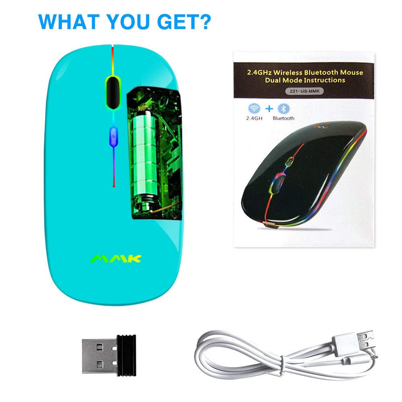 [Australia - AusPower] - Wireless Bluetooth Mouse for Laptop, Rechargeable Mouse 2.4G USB Optical Wireless Mouse, LED Slim Dual Mode(Bluetooth 5.0 and 2.4G) Wireless Mouse for Laptop, PC, Mac OS , Android , Windows (Seafoam) Seafoam 