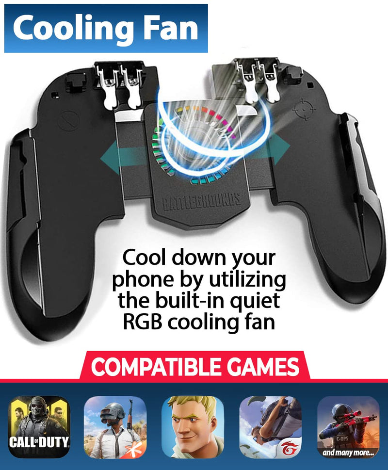 [Australia - AusPower] - 4 Trigger Mobile Game Controller with Cooling Fan Adjustable Stand for PUBG/Call of Duty/Fotnite [6 Finger Mode] GAMR+ L1R1 L2R2 Gaming Grip Gamepad Black 