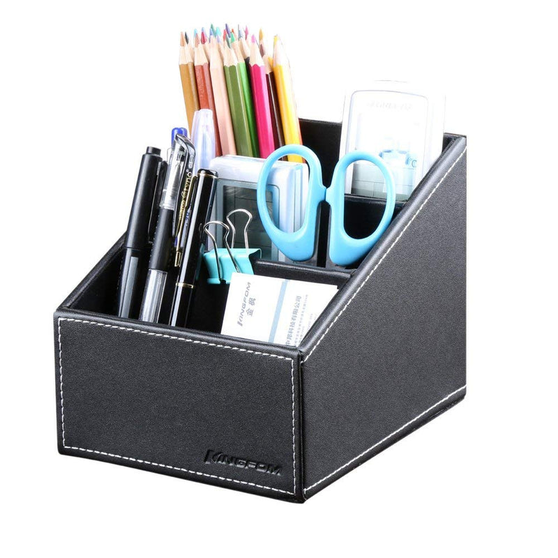 [Australia - AusPower] - KINGFOM Remote Control Holder with 3 Compartments Pu Leather Remote Caddy Desktop Organizer Store Brush, Pencil, TV Guide, DVD, CD, Blu-Ray, Media Player, Heater Controllers(Black) Black 