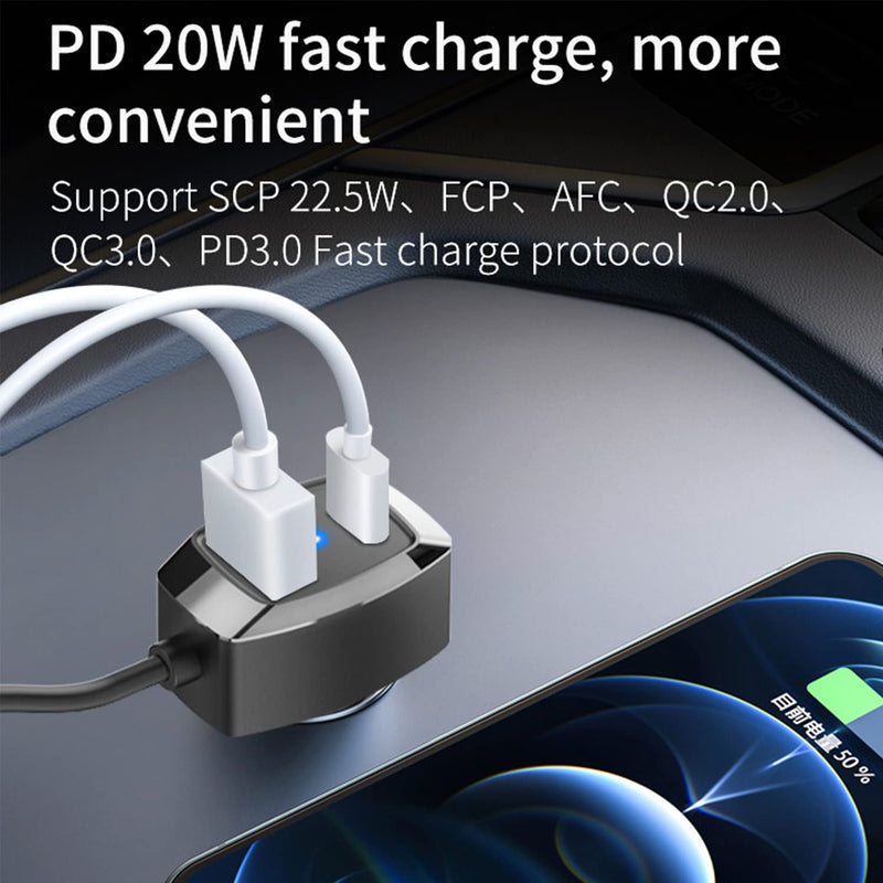 [Australia - AusPower] - 5 Multi Ports Type-C Fast Car Charger, USB C Car Charger, 60W Power,5FT Cable and Back Clip Design, car Charger Adapter Compatible with iPhone, IPad/Samsung and More 