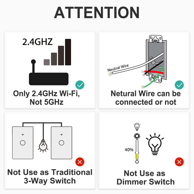[Australia - AusPower] - LOCIUN 2 Gang White WiFi Smart Light Switch, No Neutral Wire Needed, Tempered Glass Panel, RF433 Remote Control Smart Life/Tuya APP, Touch Switch Work with Alexa & Google Home, US Standard 
