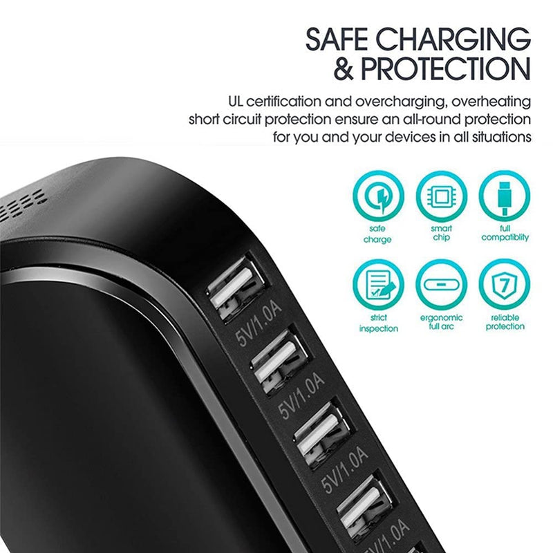 [Australia - AusPower] - 6-Port USB Desktop Charging Station, Wall Charger, Fast Charging Station for Multiple Devices, Tower Power Adapter Travel Charger, for All Other USB Enabled Devices Black 