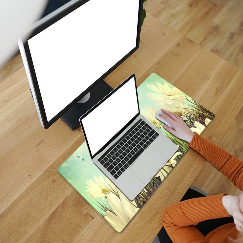 [Australia - AusPower] - QIYI Desk Pad Large Keyboard and Mouse Pad for Laptop Computer, PU Leather Desk Cover Protector, Desk Décor Accessories for Office Home Work Writing Gaming 31.5" x 15.7" - Daisies in Summer 31.5" x 15.7" 