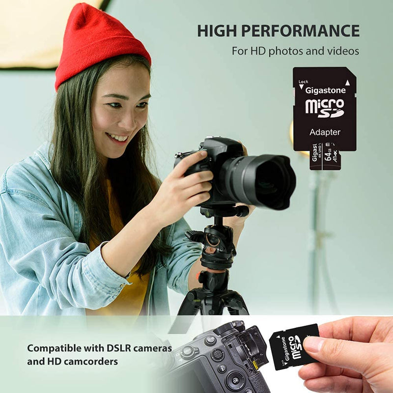 [Australia - AusPower] - [Gigastone] 64GB 5-Pack Micro SD Card, 4K UHD Video, Surveillance Security Cam Action Camera Drone Professional, 90MB/s Micro SDXC UHS-I A1 Class 10, with Adapters MSD 64-1-5PK 