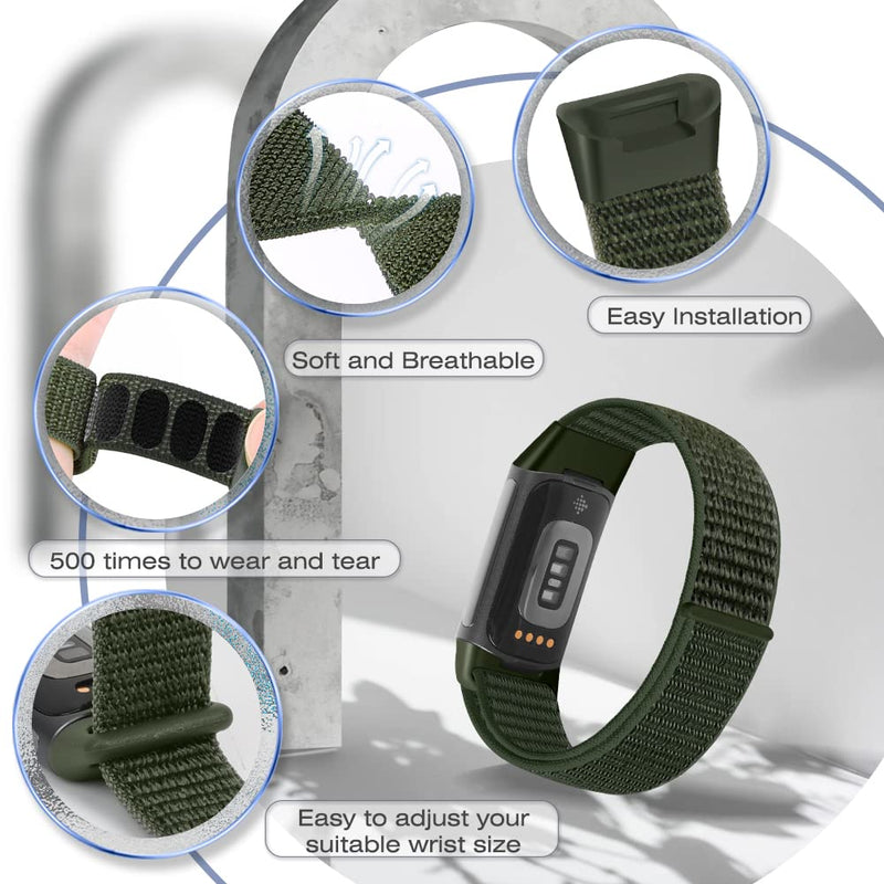 [Australia - AusPower] - AVOD Sport Loop Nylon Watch Bands Only Compatible with Fitbit Charge 5 Bands, Adjustable Breathable Replacement Soft Nylon Loop Wristband Accessories for Women Men for Charge 5 Advanced Fitness Tracker Olive Green+New Midnight Blue+Seashell 