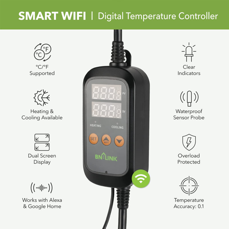 [Australia - AusPower] - BN-LINK Smart WiFi Digital Temperature Controller Heating Cooling, Works with Alexa and Google Home. For Reptiles Aquarium Carboy Homebrew Breeding Fermenter Seed Germination °C/°F -40-176°F 15A/1875W 