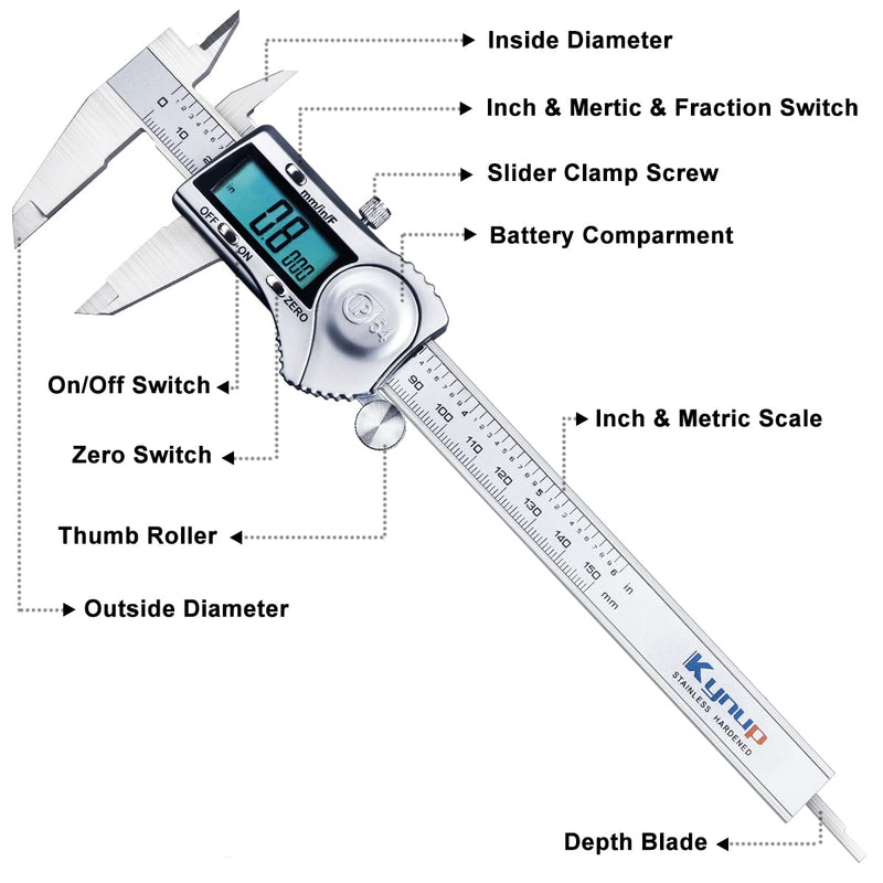 [Australia - AusPower] - Kynup Digital Caliper, Caliper Measuring Tool with Stainless Steel, IP54 Waterproof Protection Design, Easy Switch from Inch Metric Fraction, Large LCD Screen (6 Inch /150mm) 150mm Silver 