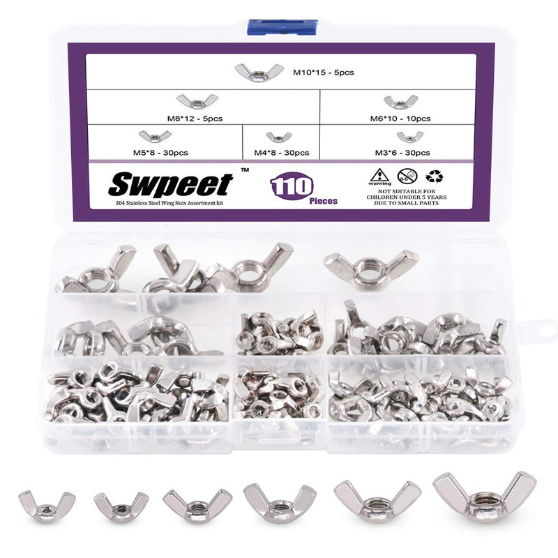 [Australia - AusPower] - 110Pcs 304 Stainless Steel Serrated Metric Wing Nuts Butterfly Nuts Hex Dome Cap Assortment Kit, 6 Sizes - M3 M4 M5 M6 M8 M10 