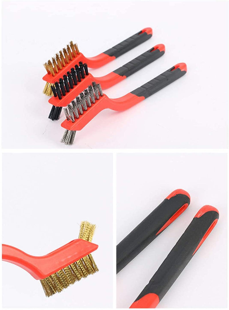 [Australia - AusPower] - QIXIAN Wire Brush Set 3pieces - Curved Handle Steel Brush, Brass, Nylon, Stainless Steel Brush Head, Used for deep Cleaning of Rust, Dirt, Paint scrubbing and Hard-to-Reach Areas ，7 Inches (Red) 