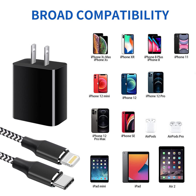 [Australia - AusPower] - 20W iPhone 12 Charger, USB C Charger Travel Plug with 6.6FT Fast Charger Sync Cord MFi Certified for iPhone 12 Pro Max/11/XS/XR/X/8/iPad/AirPods, Black Black-Black 2 Pack 